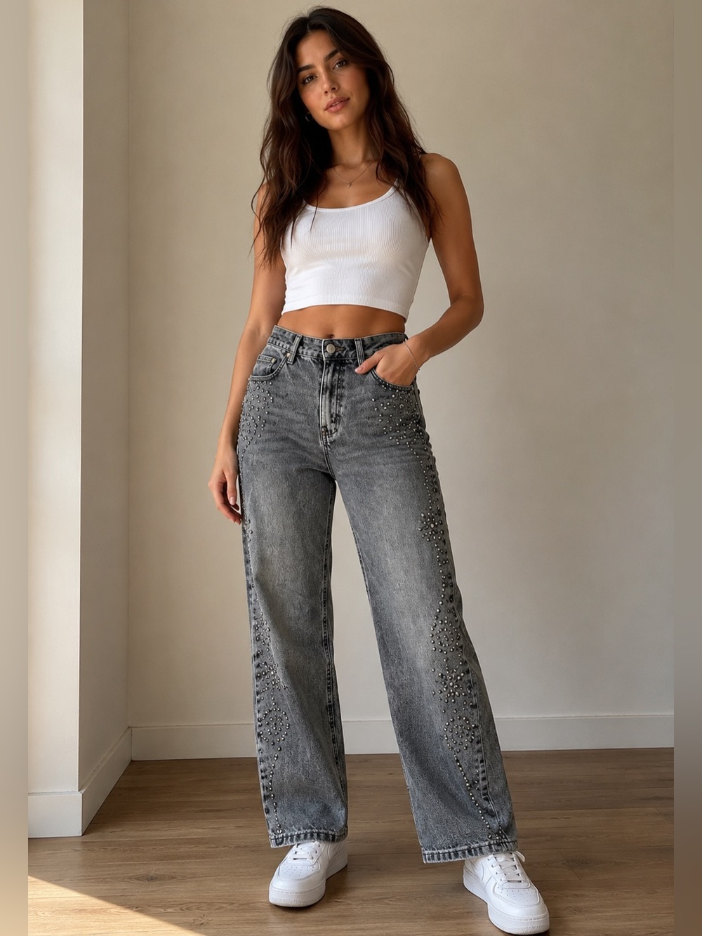 Forever 21 Premium Gray Stud-Embellished Straight Leg Jeans